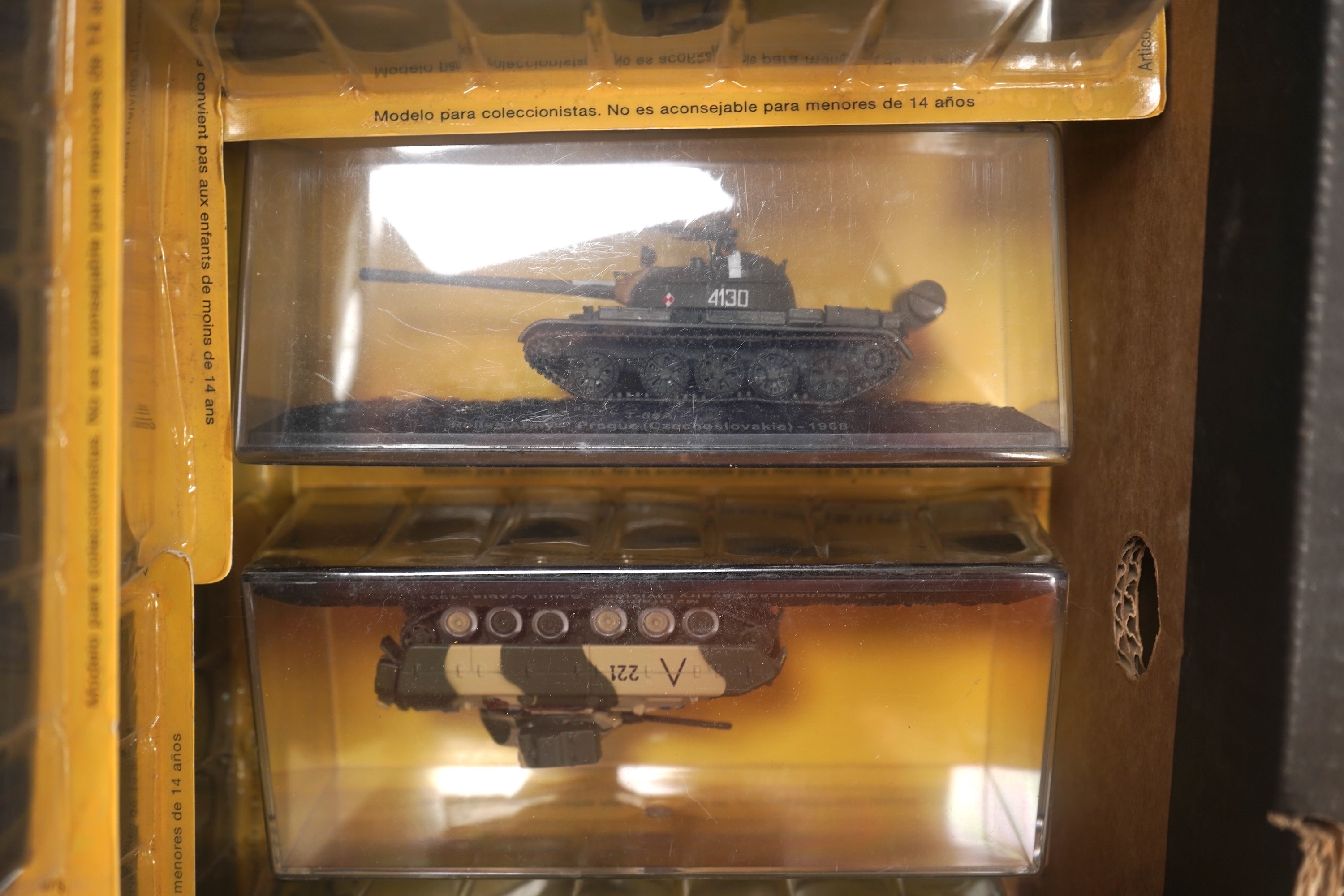 Forty-five DeAgostini magazine issue model tanks from ‘The Combat Tanks Collection’, including British, US, USSR, etc. examples, together with three folders of related magazines. Condition fair to good, all in original b